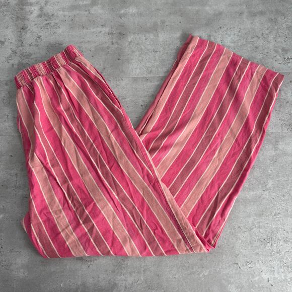HG Linen Blend Pants Pink Striped Pull on elastic waistband womens size large - Picture 1 of 5